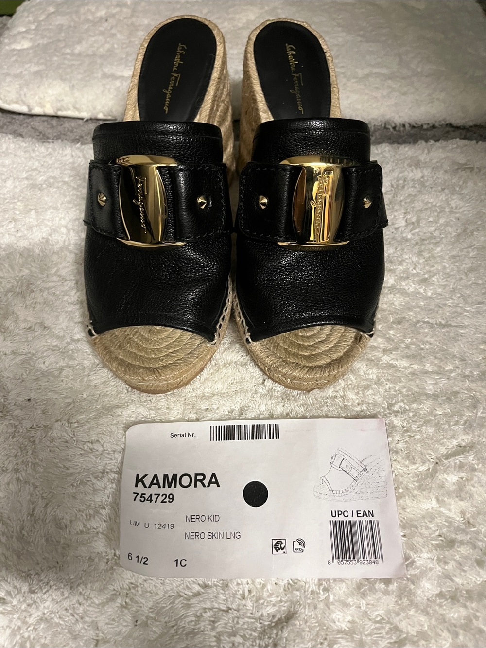 Salvatore Ferragamo Black Leather Espadrille Wedge Slides with Gold Plaque